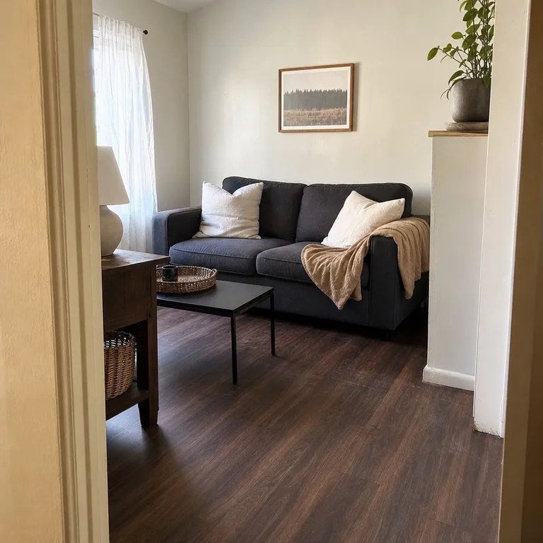 Small living room with dark brown laminate floors, warm white cushions, a tan throw, and a cream ceramic lamp.