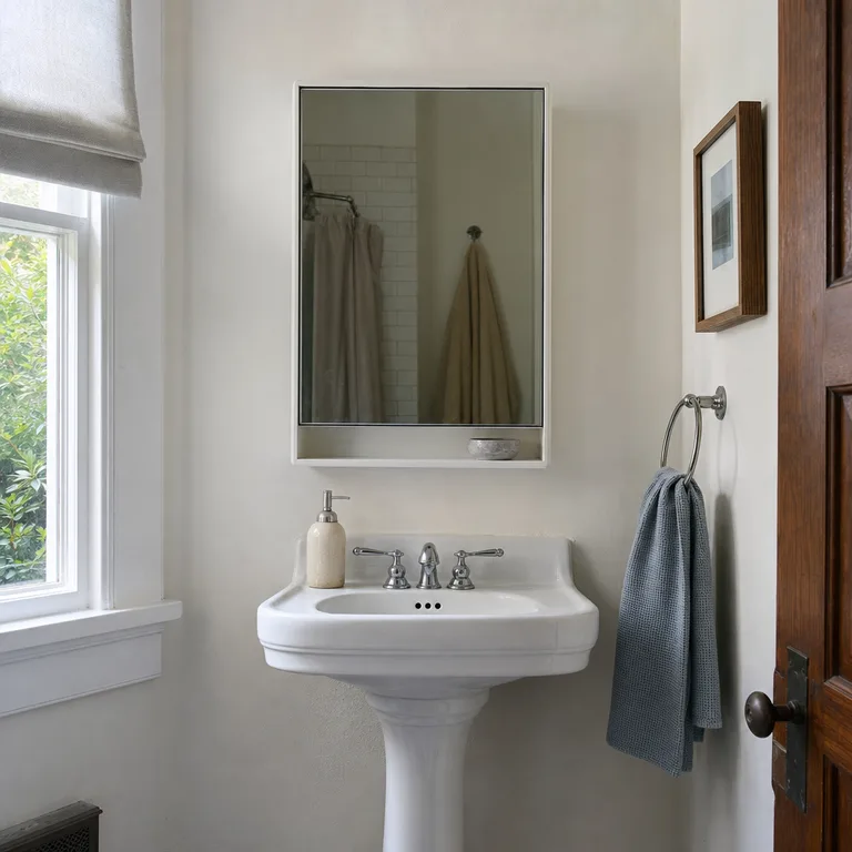 Surface-mounted medicine cabinet above a pedestal sink adds enclosed storage and a small ledge.