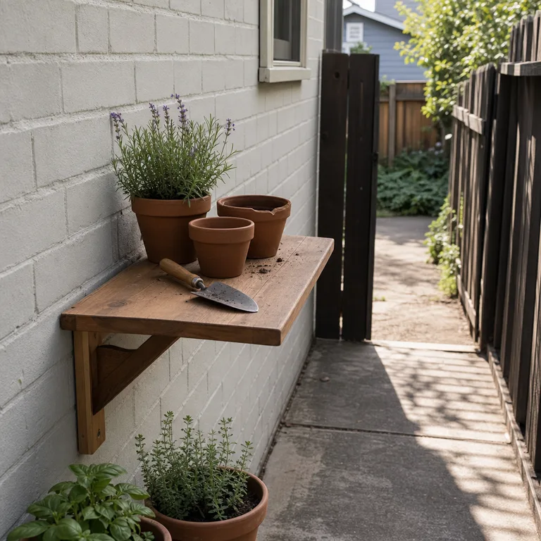 Small cedar fold-down potting shelf on a brick side wall above a clear concrete walkway.