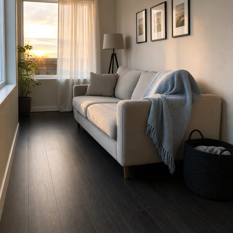 Powder blue throw and soft black accents coordinate with black vinyl flooring in a compact rental living room.