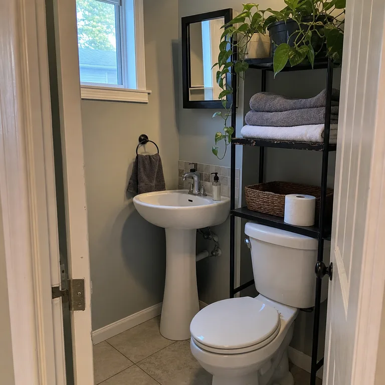Black over-the-toilet shelving provides storage near a pedestal sink.