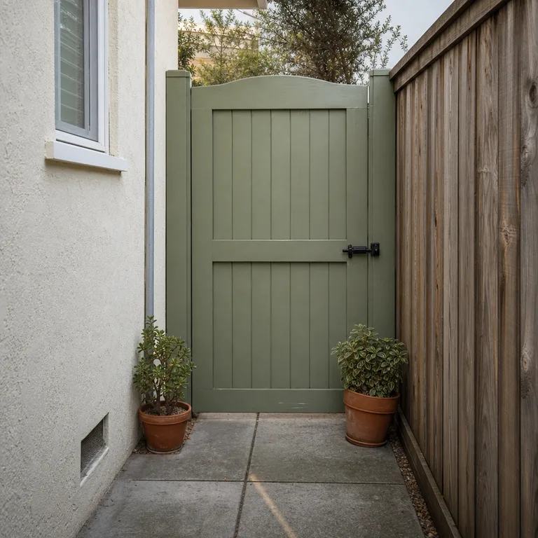 Muted green wooden gate at the end of a clear narrow side-yard walkway between stucco and cedar fencing.
