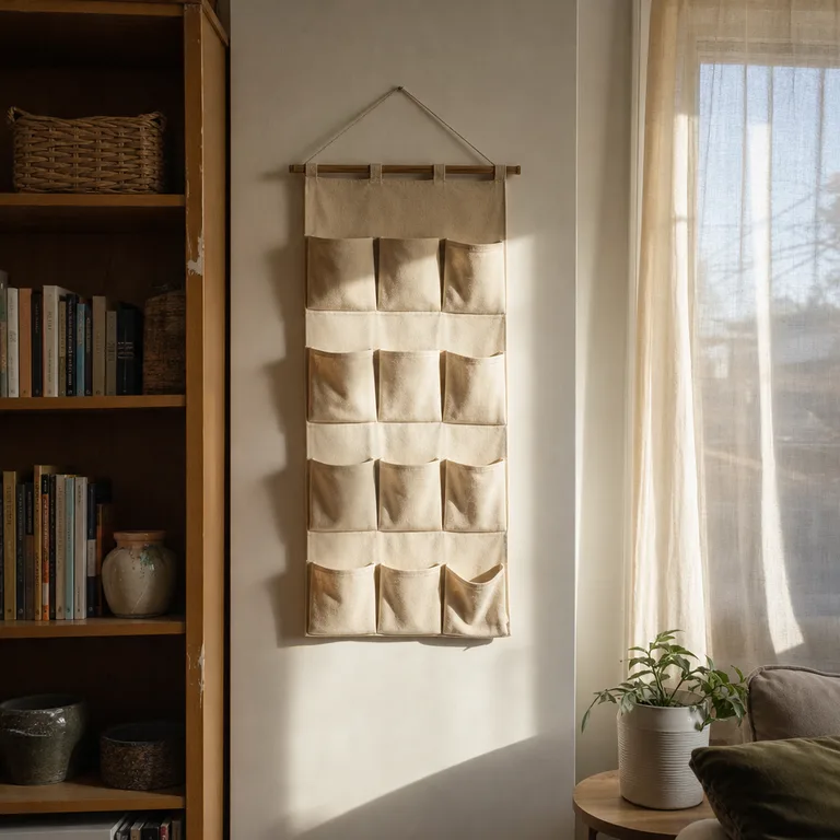 A cotton pocket Advent calendar on a narrow living-room wall between a bookcase and window.