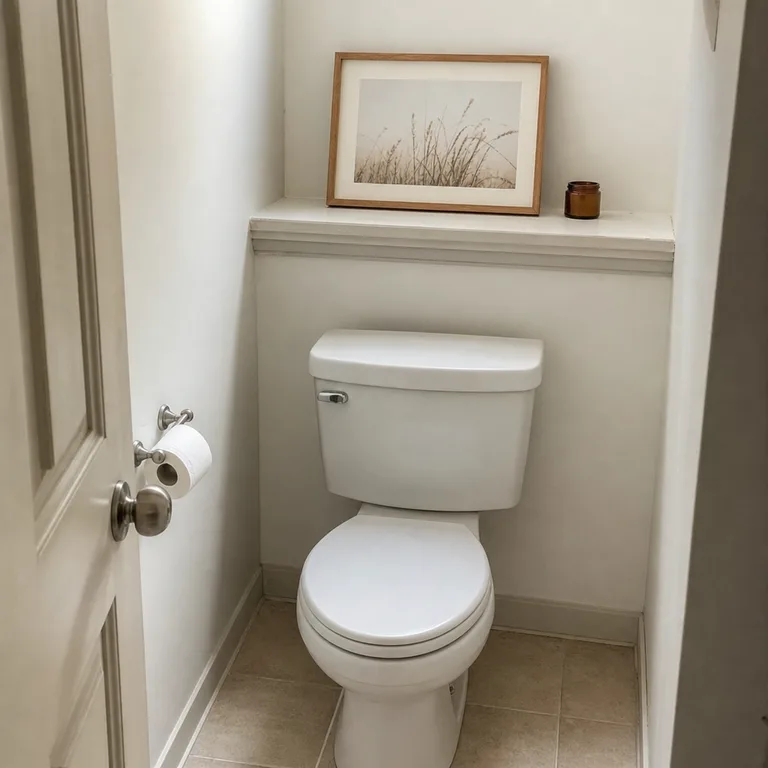 Shallow white picture ledge with a small framed print and amber jar above a toilet.