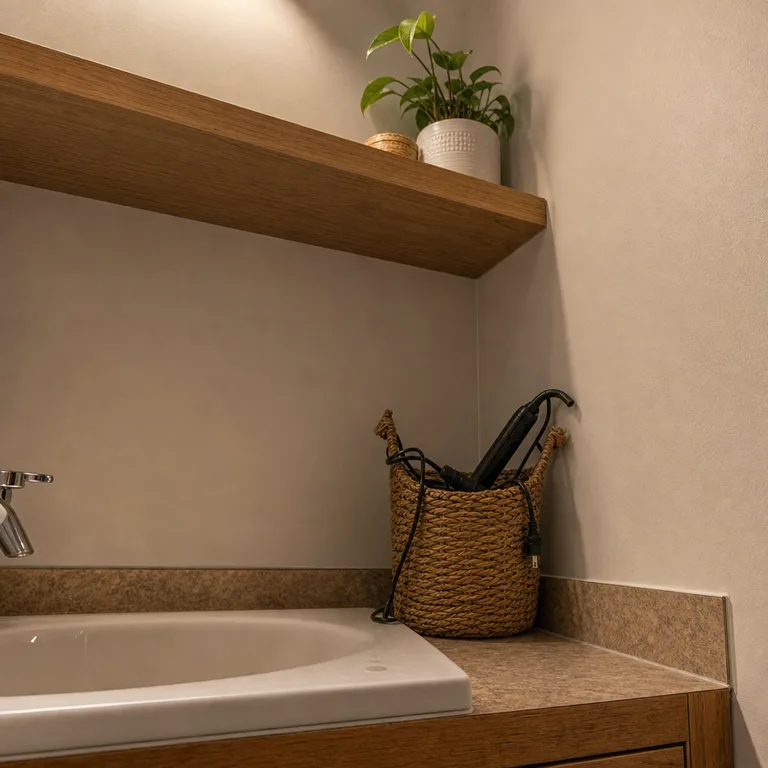 A woven storage bin holding cooled hair tools on an open shelf above a bathroom vanity.