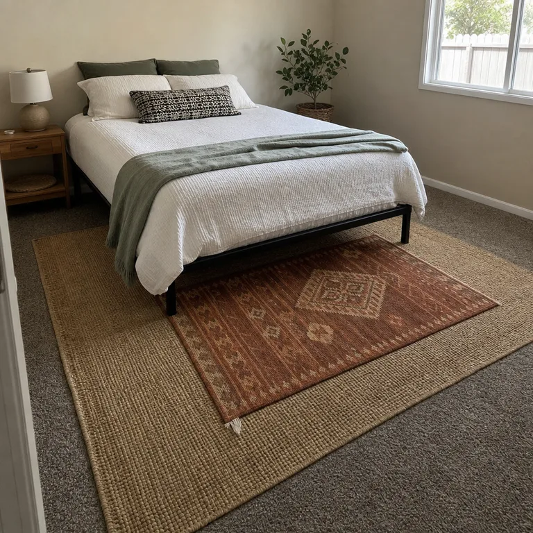 Patterned terracotta rug layered over a larger neutral rug beneath a bed on carpet.