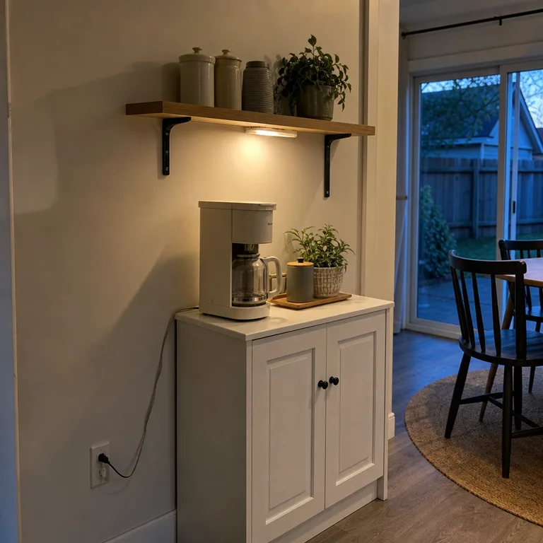 A small coffee cabinet with a narrow supply shelf mounted above it.