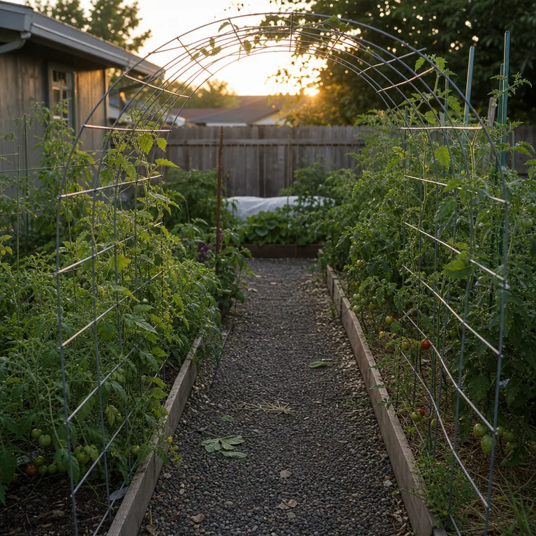 Galvanized cattle-panel arch spanning a gravel path between small vegetable beds.