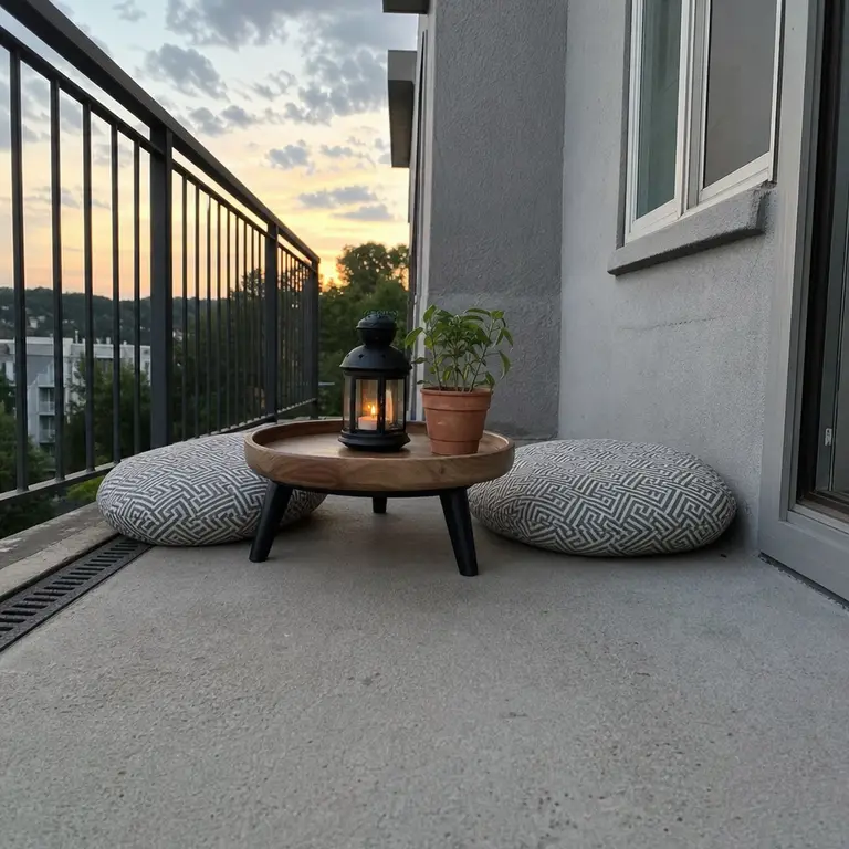 Weatherproof floor cushions around a low tray create a casual balcony tea corner.