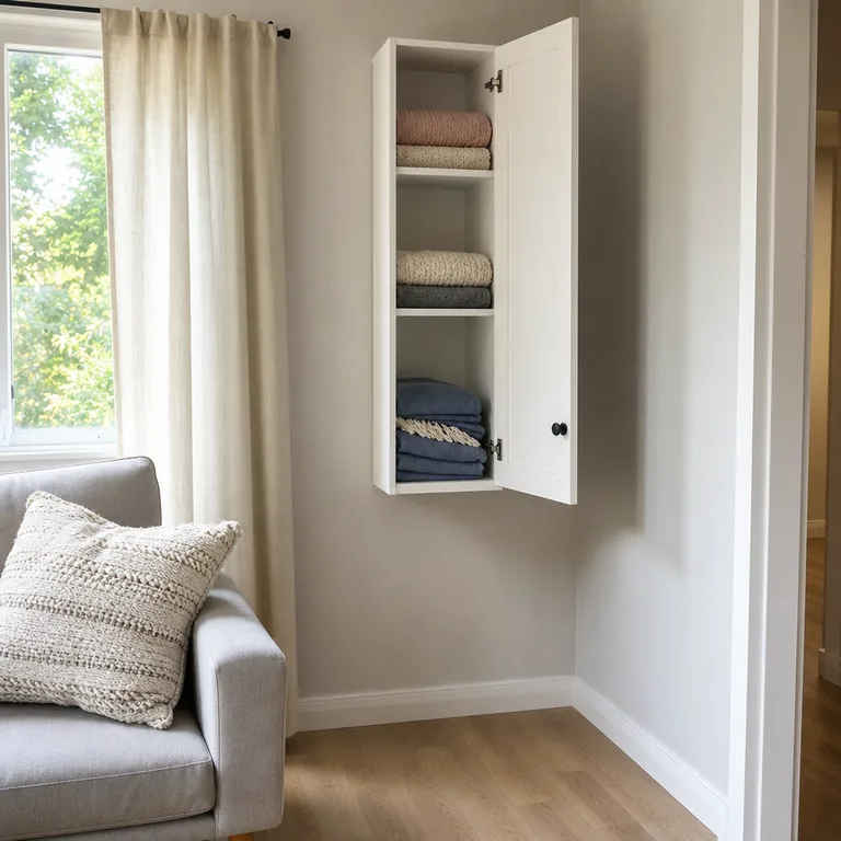 A narrow white wall cabinet beside a sofa stores small folded throws.