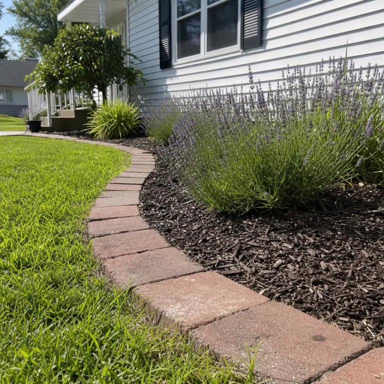 A flat brick mowing strip around an oval flower bed in a small yard.