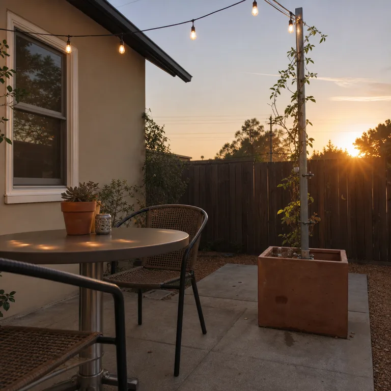 Outdoor string lights hang from a freestanding planter pole over a small patio table.