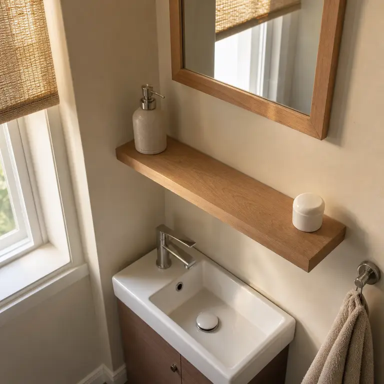 A shallow ledge above the sink keeps small items off the vanity and floor.