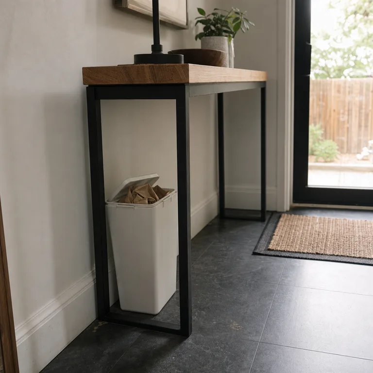 A slim recycling bin under an entry table supports quick sorting of mail.