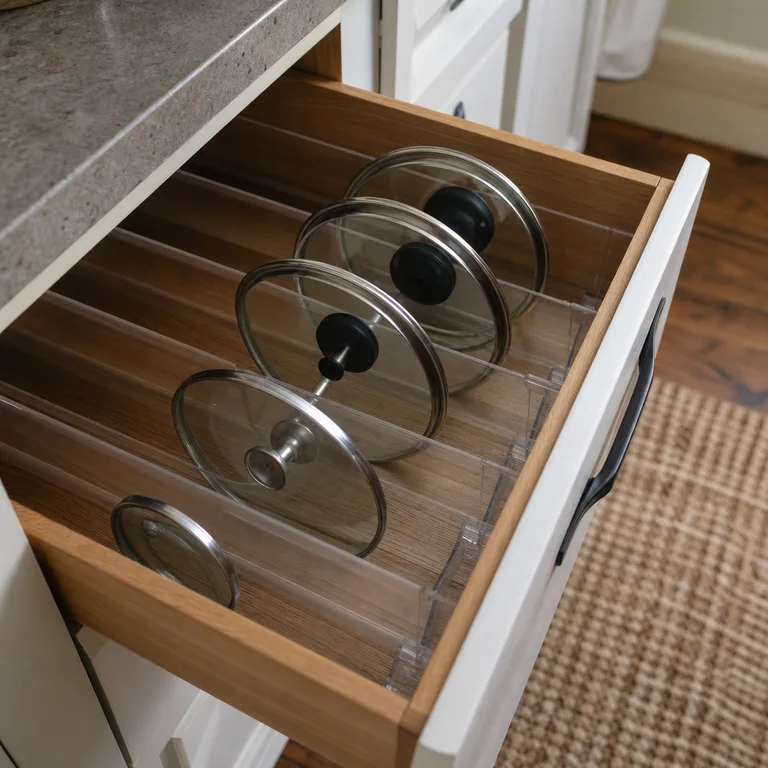 Clear adhesive channels separating pot lids in a kitchen drawer.