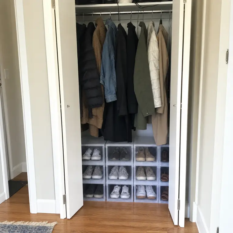 Clear stackable shoe boxes organized on the floor of a narrow entry closet.