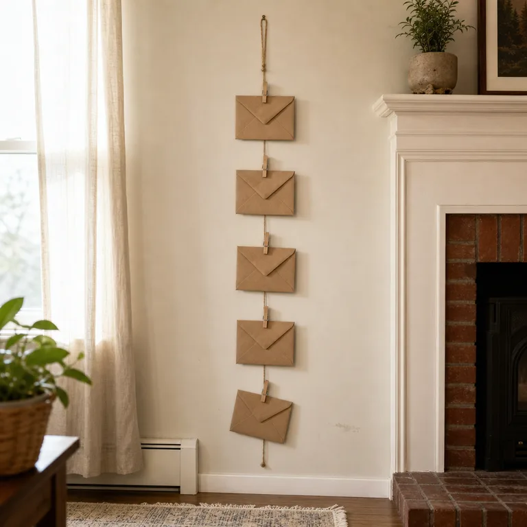 A vertical string of small kraft envelopes clipped to a living-room wall beside a fireplace.