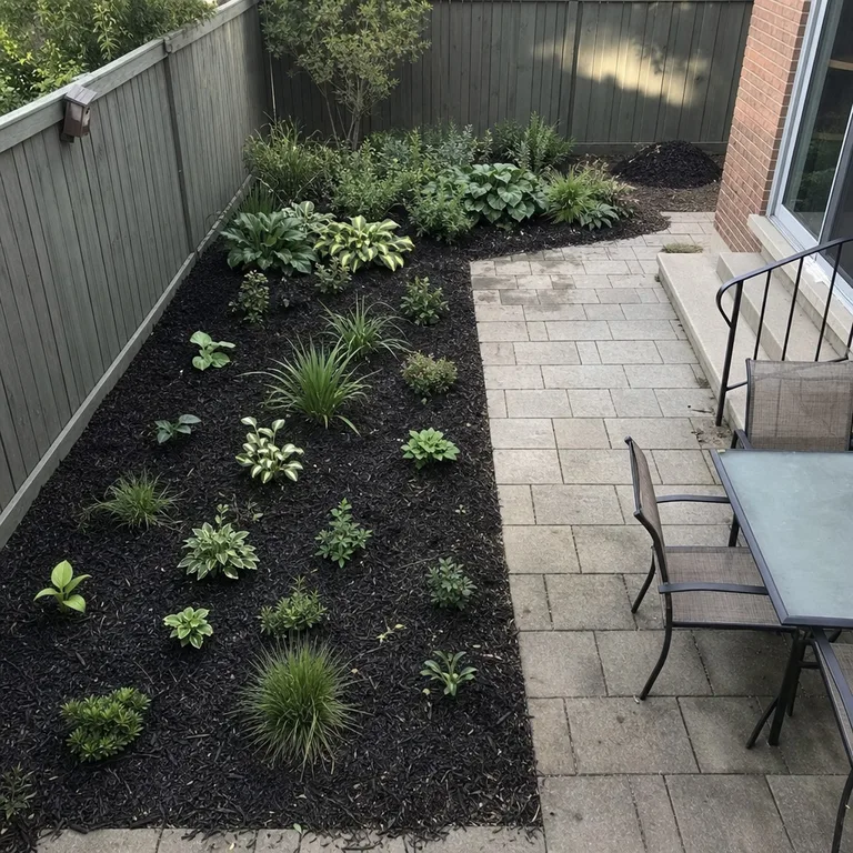 Partly planted shaded garden bed showing a phased approach with mulch left between young plants.