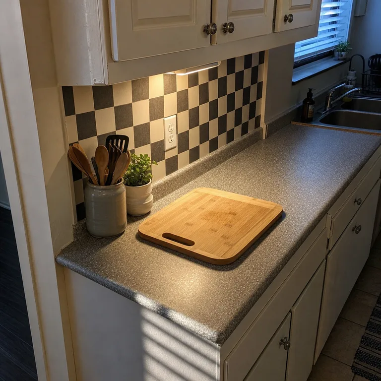 Cream and charcoal checkerboard decals cover a small backsplash area in a narrow rental kitchen.