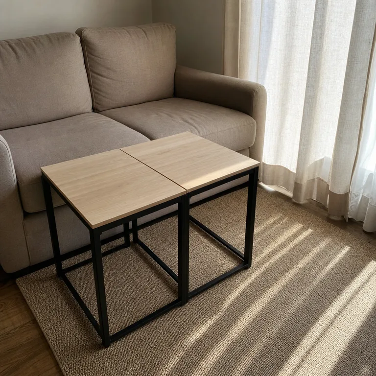 Two nesting tables pushed together to hold a compact board game in a small living room.