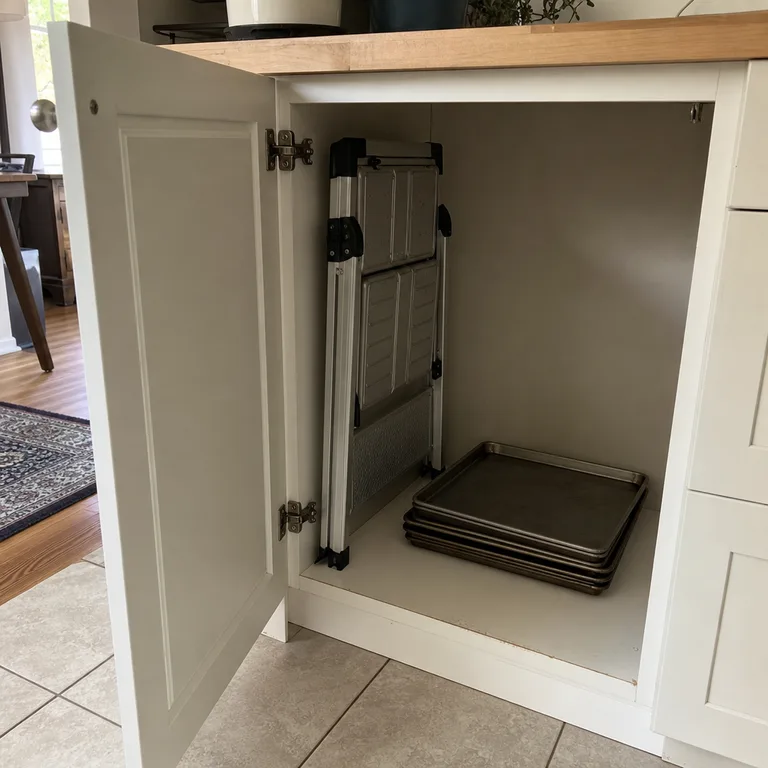A folded aluminum step stool stored inside an open lower kitchen cabinet.