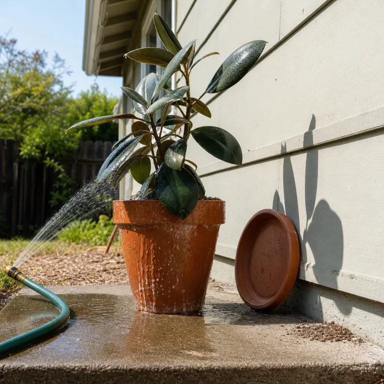 A terracotta houseplant pot is being rinsed on a concrete patio beside a clean saucer.