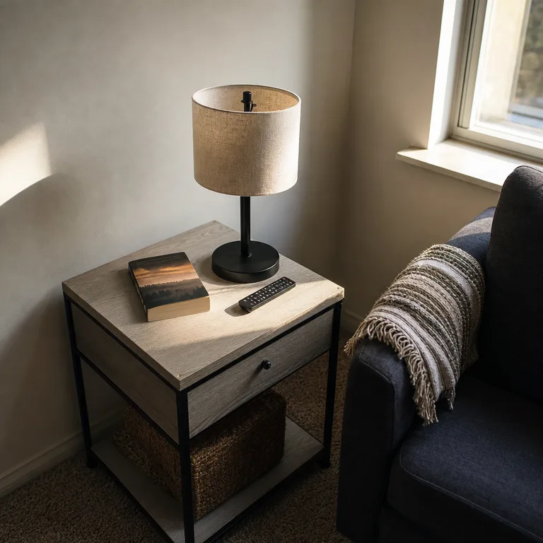 Compact oatmeal drum shade on a black metal table lamp placed on a small living-room side table.