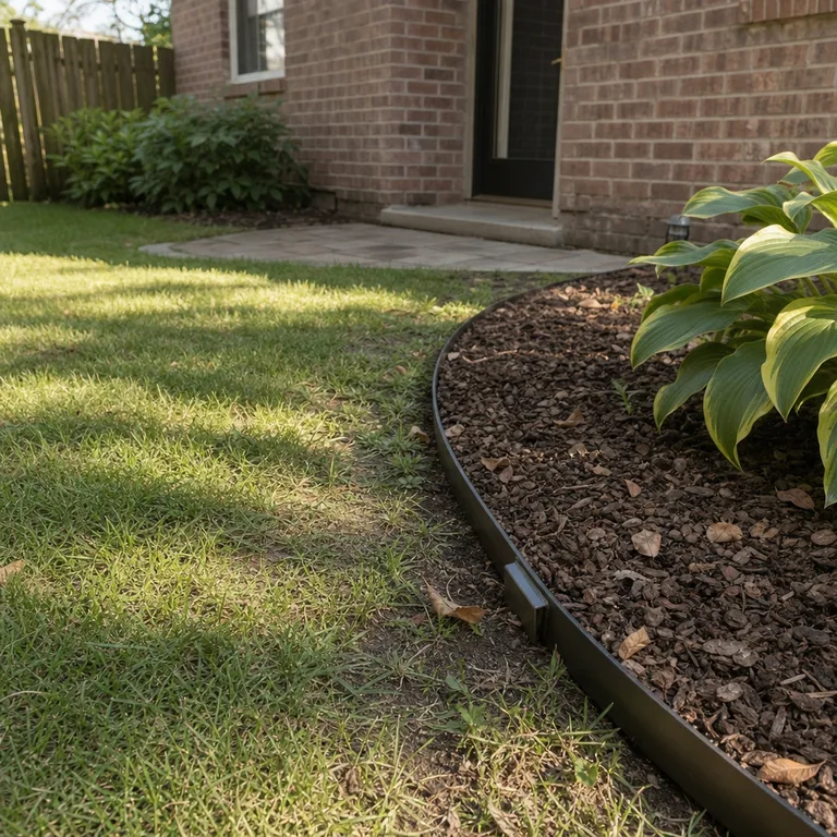 Dark steel edging forming a curved mowing edge between lawn and a small mulched flower bed.