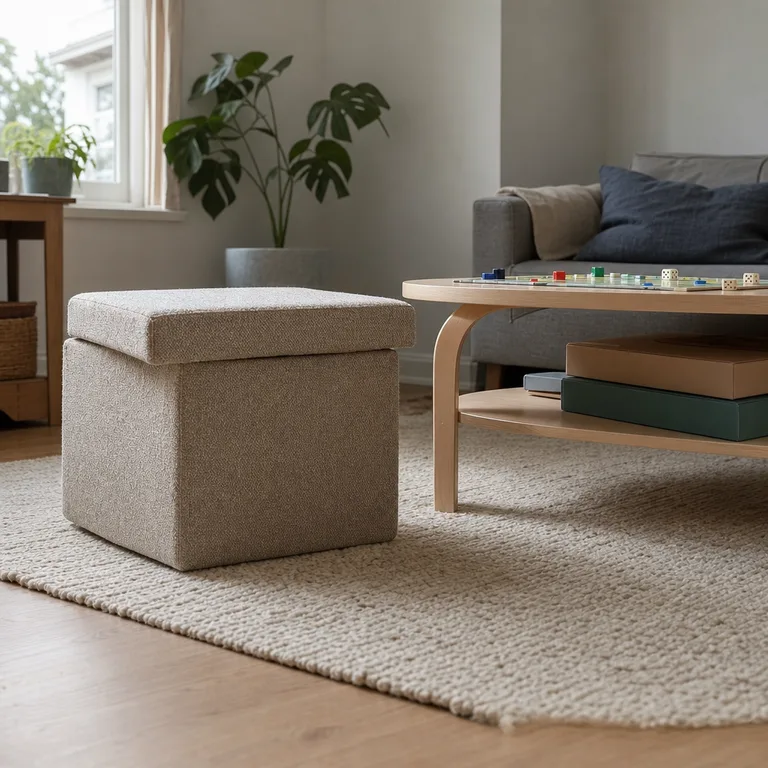 An upholstered storage ottoman used as an extra seat beside a small game table.