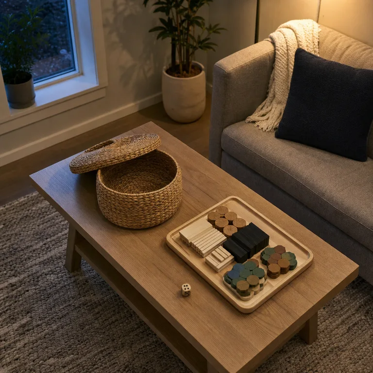 A lidded woven caddy and tray ready to gather game pieces from a coffee table.