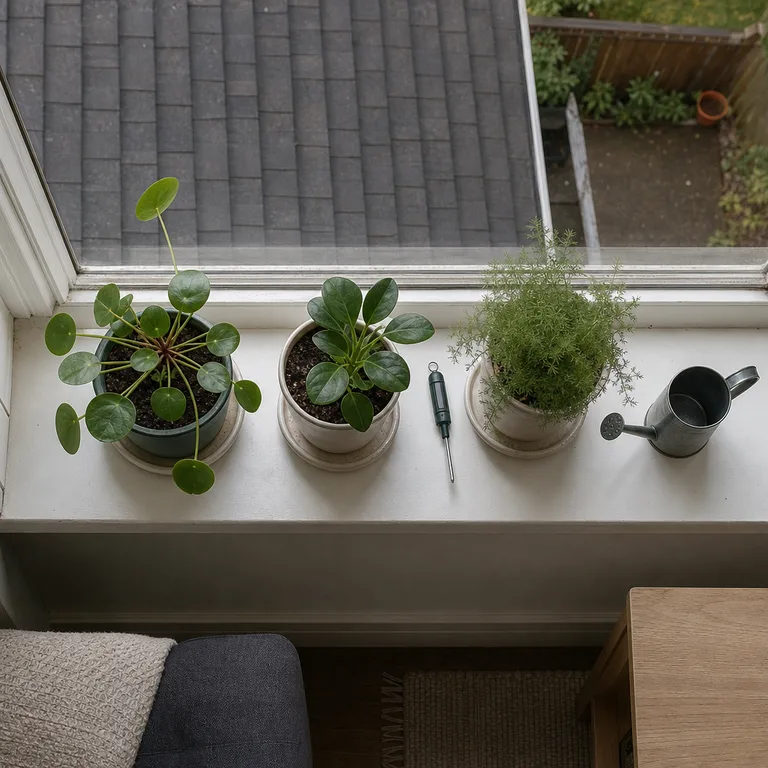 Houseplants on a windowsill sit in individual saucers with tools for careful indoor watering and monitoring.