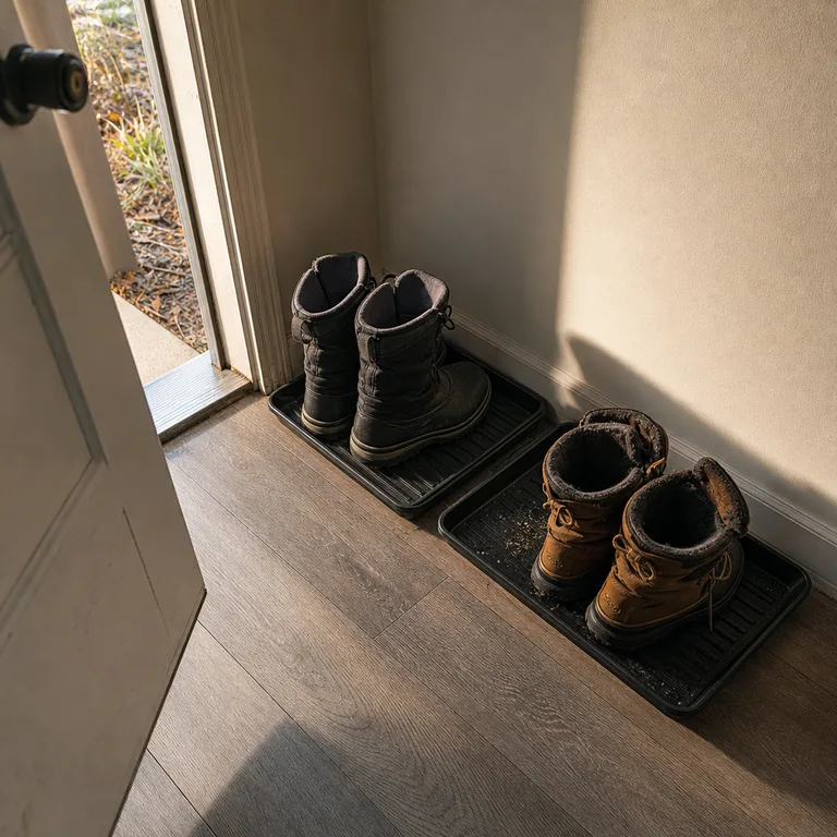 Two narrow shoe trays fit along the wall beyond an entry door’s swing.