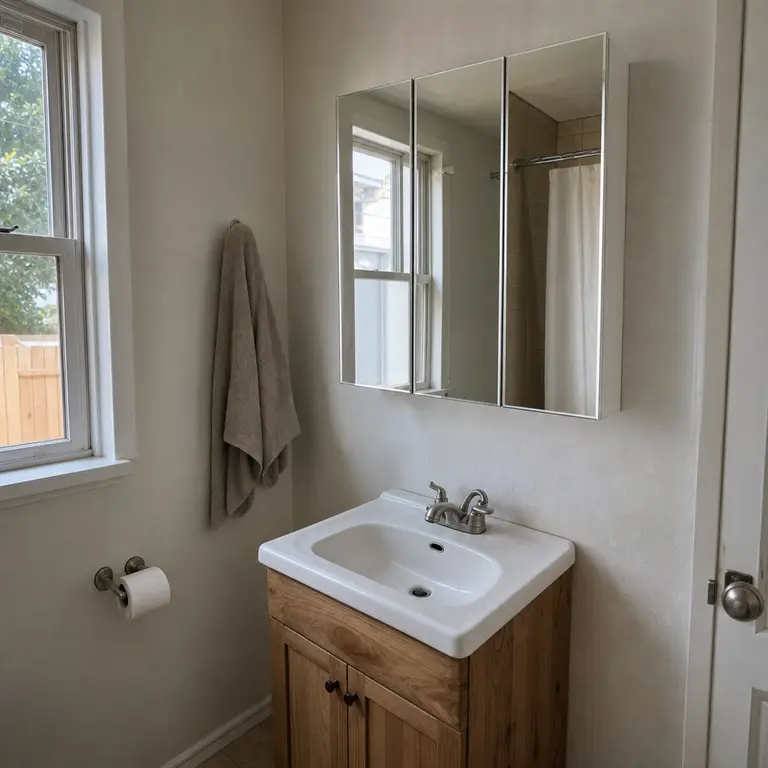 A mirrored medicine cabinet provides storage above a compact sink.