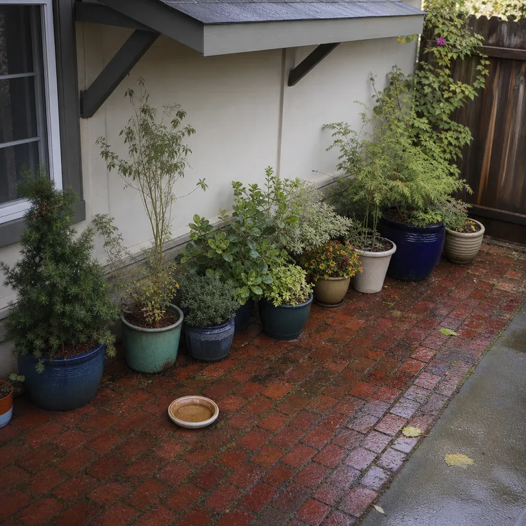 Living container plants grouped along a sheltered brick patio wall.