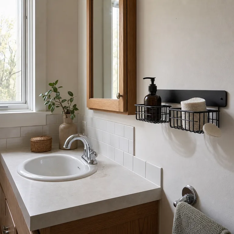Matte black adhesive rail with two small wire baskets above a bathroom vanity.