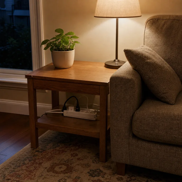 A sofa side table uses its open lower shelf to organize a family charging strip.