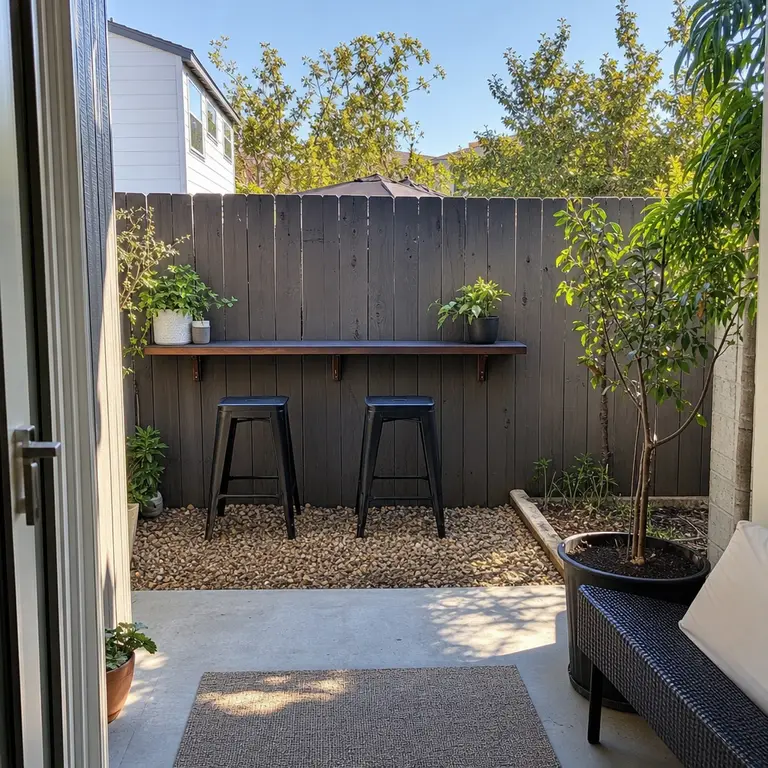 A narrow fence-mounted outdoor ledge with two stools on a small patio.