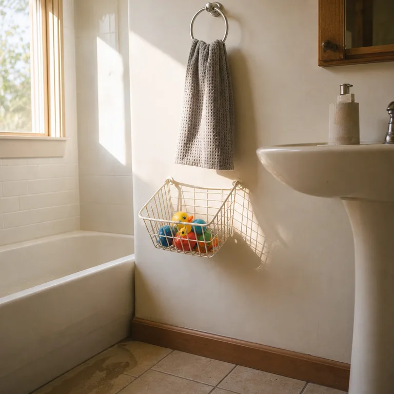 A small wall-hung wire basket stores draining bath toys beside a pedestal sink without using toiletry space.