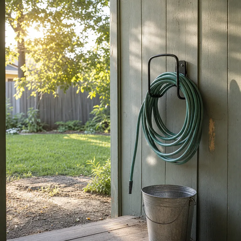 Green hose stored on a black metal hanger attached to a painted shed wall.