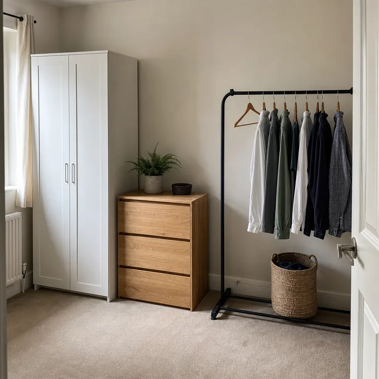 A bedroom wall with a freestanding white wardrobe, oak drawer chest, and black open clothing rail arranged as one clothing zone.