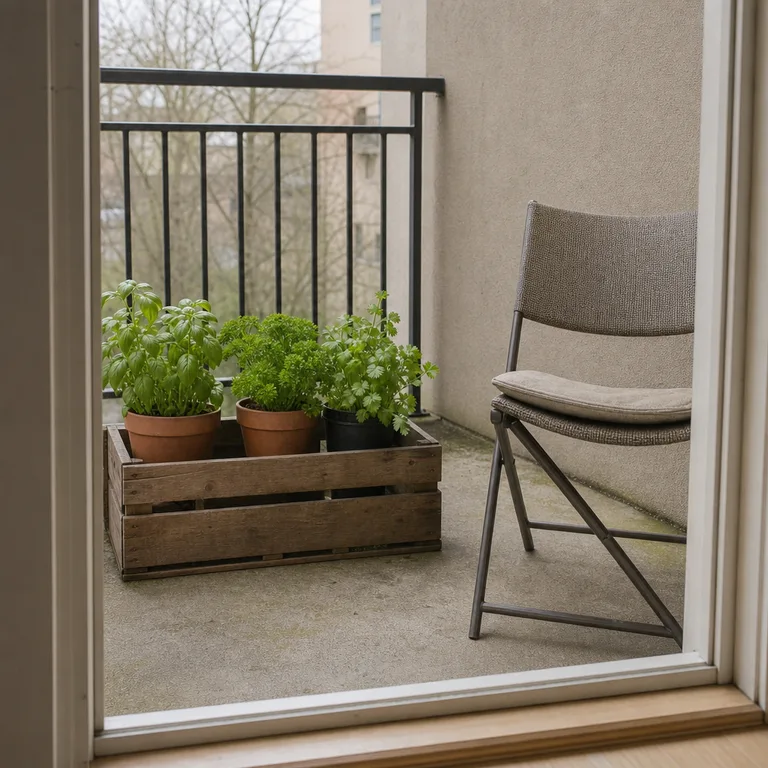 A portable wooden crate holding separate pots of basil, parsley, and cilantro on a small patio.