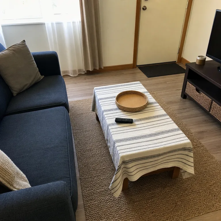 A striped tablecloth styling a coffee table in a compact living room.
