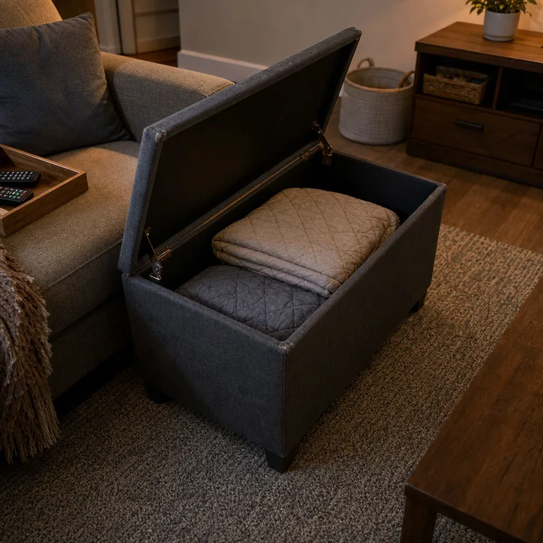 An open charcoal storage ottoman contains folded quilts in front of a sofa.