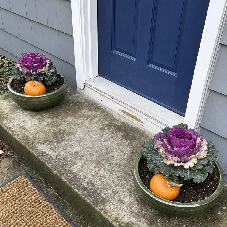 Low green ceramic planters filled with ornamental cabbage and small pumpkins on a covered stoop.