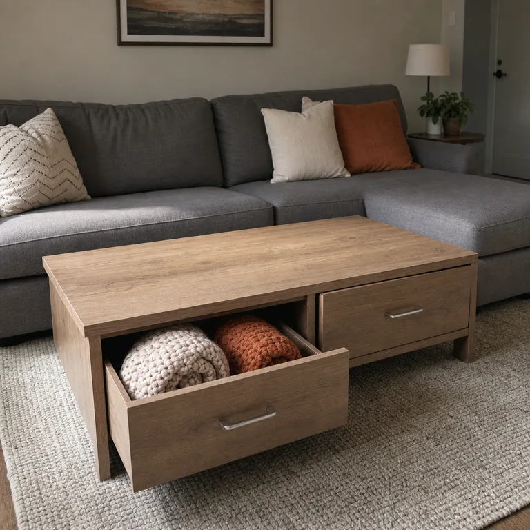 A wood coffee-table drawer holds rolled knit blankets beneath a gray sectional.