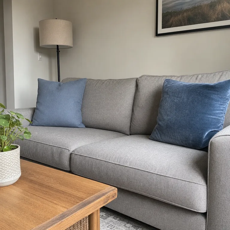 A gray sofa with dusty blue velvet and linen-look square pillows shown from the side.