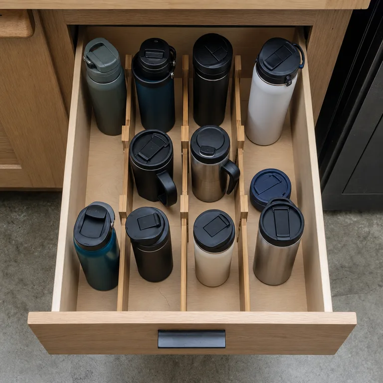 A deep kitchen drawer uses dividers to separate reusable bottles from their lids and seals.