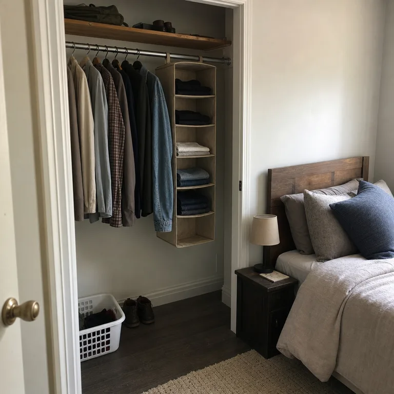 Fabric hanging cubbies with folded shirts and jeans inside a built-in closet.