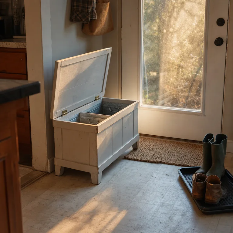 Storage bench beside a kitchen back door holding two removable sorting bins.