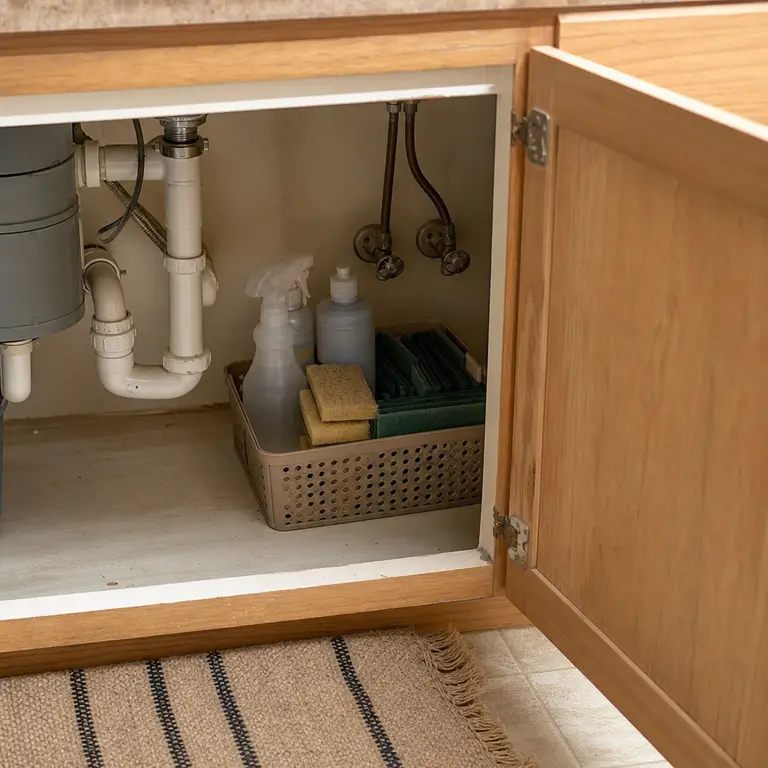 A low bin in the back corner holds reserve cleaning supplies while leaving valves accessible.